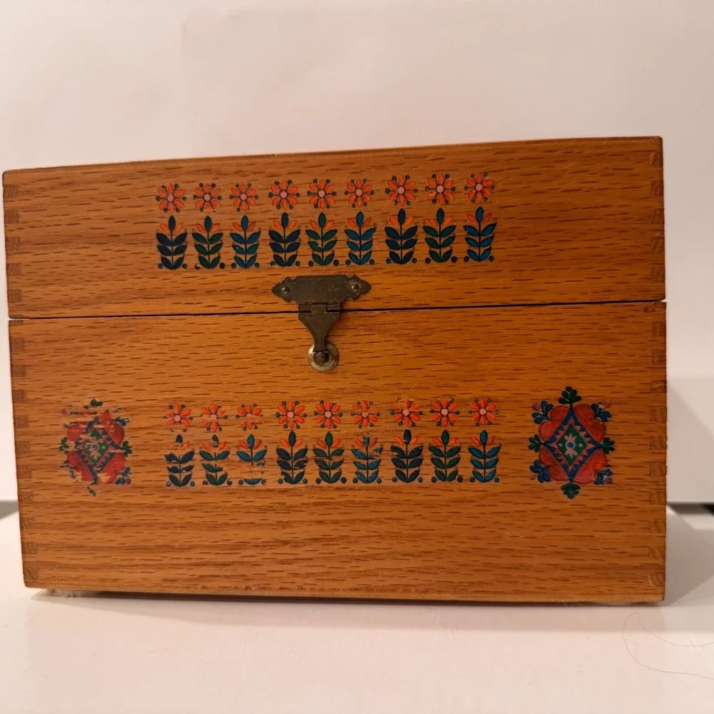 Vintage Wooden Jewelry Box Hinged Hidden Drawer Design Folk Art Detail‎